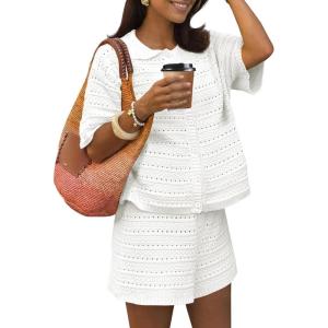 Fisoew Womens Summer 2 Piece Crochet Beach Outfit Cover Ups Button Cardigan Loose Knit Shorts Sets Vacation Swimsuit(White)