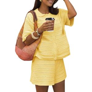 Fisoew Womens Summer 2 Piece Crochet Beach Outfit Cover Ups Button Cardigan Loose Knit Shorts Sets Vacation Swimsuit(Yellow)