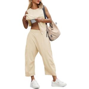 Fisoew Women’s Summer 2 Piece Outfits Sleeveless Tank Tops and Wide Leg Pocketed Pants Workout Sweat Sets(Beige)