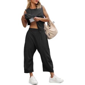 Fisoew Women’s Summer 2 Piece Outfits Sleeveless Tank Tops and Wide Leg Pocketed Pants Workout Sweat Sets(Black)