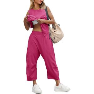 Fisoew Women’s Summer 2 Piece Outfits Sleeveless Tank Tops and Wide Leg Pocketed Pants Workout Sweat Sets(Hot Pink)