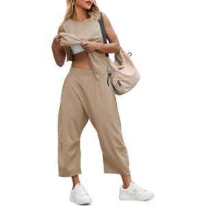Fisoew Women’s Summer 2 Piece Outfits Sleeveless Tank Tops and Wide Leg Pocketed Pants Workout Sweat Sets(Khaki)