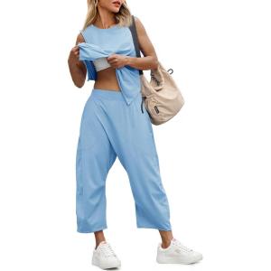 Fisoew Women’s Summer 2 Piece Outfits Sleeveless Tank Tops and Wide Leg Pocketed Pants Workout Sweat Sets(Light Blue)
