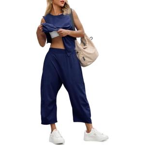 Fisoew Women’s Summer 2 Piece Outfits Sleeveless Tank Tops and Wide Leg Pocketed Pants Workout Sweat Sets(Navy)