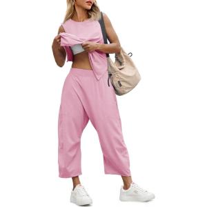 Fisoew Women’s Summer 2 Piece Outfits Sleeveless Tank Tops and Wide Leg Pocketed Pants Workout Sweat Sets(Pink)