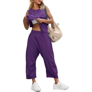 Fisoew Women’s Summer 2 Piece Outfits Sleeveless Tank Tops and Wide Leg Pocketed Pants Workout Sweat Sets(Purple)