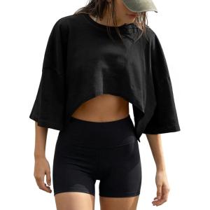 Fisoew Womens Summer Cropped Tops Casual Short Sleeve Drop Shoulder Loose Fit Lightweight Crop Workout T Shirts(Black)