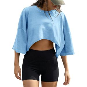 Fisoew Womens Summer Cropped Tops Casual Short Sleeve Drop Shoulder Loose Fit Lightweight Crop Workout T Shirts(Blue)
