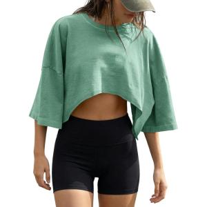 Fisoew Womens Summer Cropped Tops Casual Short Sleeve Drop Shoulder Loose Fit Lightweight Crop Workout T Shirts(Mint)