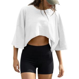 Fisoew Womens Summer Cropped Tops Casual Short Sleeve Drop Shoulder Loose Fit Lightweight Crop Workout T Shirts(White)