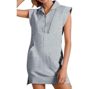 Fisoew Womens Summer Half Zip Sweatshirt Dresses V Neck Collared Sleeveless Workout Tunic Mini Dress(Light Grey)