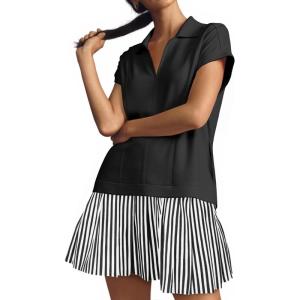 Fisoew Womens Summer Mini Dress Casual Patchwork Short Sleeve Polo V Neck Striped Dresses with Pockets(Black)