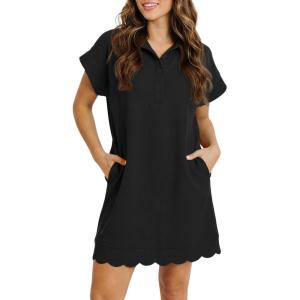 Fisoew Womens Summer T Shirt Mini Dress Short Sleeve Collared V Neck Button Loose Active Dresses with Pockets(Black)