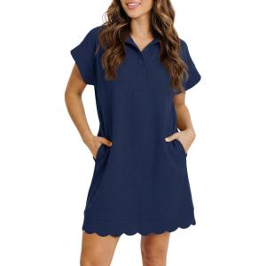 Fisoew Womens Summer T Shirt Mini Dress Short Sleeve Collared V Neck Button Loose Active Dresses with Pockets(Navy)