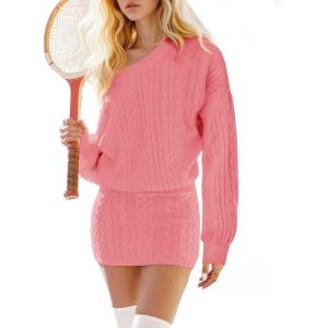 Fisoew Womens Sweater Dress Casual Puff Sleeve Crewneck Cable Knit Loose Workout Fall Mini Dresses(Pink 2)