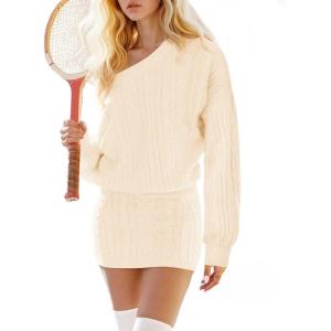 Fisoew Womens Sweater Dress Casual Puff Sleeve Crewneck Cable Knit Loose Workout Fall Mini Dresses(White)