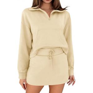 Fisoew Womens Sweatsuits 2 Piece Outfits Quarter Zip Cropped Sweatshirts Casual Mini Skorts Lounge Wear Skirts Sets(Beige)