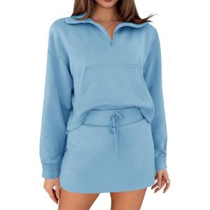 Fisoew Womens Sweatsuits 2 Piece Outfits Quarter Zip Cropped Sweatshirts Casual Mini Skorts Lounge Wear Skirts Sets(Blue)