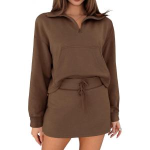 Fisoew Womens Sweatsuits 2 Piece Outfits Quarter Zip Cropped Sweatshirts Casual Mini Skorts Lounge Wear Skirts Sets(Coffee)