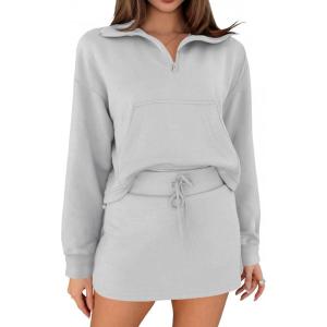 Fisoew Womens Sweatsuits 2 Piece Outfits Quarter Zip Cropped Sweatshirts Casual Mini Skorts Lounge Wear Skirts Sets(Grey)