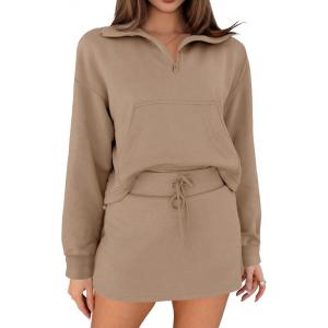 Fisoew Womens Sweatsuits 2 Piece Outfits Quarter Zip Cropped Sweatshirts Casual Mini Skorts Lounge Wear Skirts Sets(Khaki)