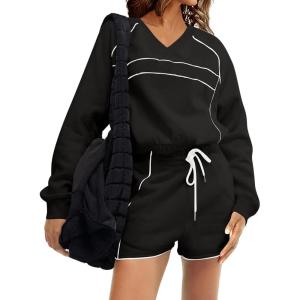 Fisoew Womens Sweatsuits 2 Piece Outfits V Neck Fleece Sweatshirts Contrast High Waisted Shorts Casual Tracksuits Lounge Sets(Black)