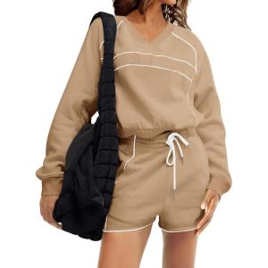 Fisoew Womens Sweatsuits 2 Piece Outfits V Neck Fleece Sweatshirts Contrast High Waisted Shorts Casual Tracksuits Lounge Sets(Khaki)