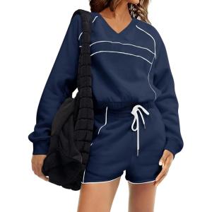Fisoew Womens Sweatsuits 2 Piece Outfits V Neck Fleece Sweatshirts Contrast High Waisted Shorts Casual Tracksuits Lounge Sets(Navy)