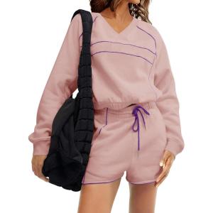 Fisoew Womens Sweatsuits 2 Piece Outfits V Neck Fleece Sweatshirts Contrast High Waisted Shorts Casual Tracksuits Lounge Sets(Pink)