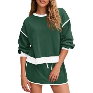 Fisoew Womens Sweatsuits 2 Piece Set Crewneck Sweatshirts High Waisted Skort Skirts Tennis Running Tracksuits Shorts Sets