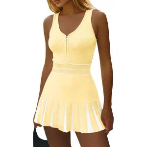 Fisoew Womens Tennis Mini Dress Summer Sleeveless Half Zipper Elastic Waist Athletic Workout Knit Pleated Dresses(Yellow)