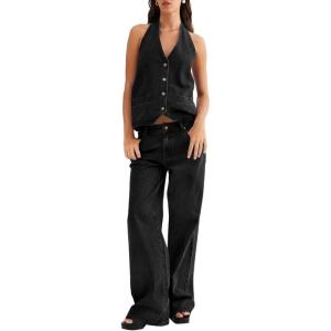 Fisoew Women’s Two Piece Denim Set Button Down Backless Tank Top and Wide Leg Jeans 2 Piece Outfit Suits(Black)