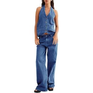 Fisoew Women’s Two Piece Denim Set Button Down Backless Tank Top and Wide Leg Jeans 2 Piece Outfit Suits(Blue)