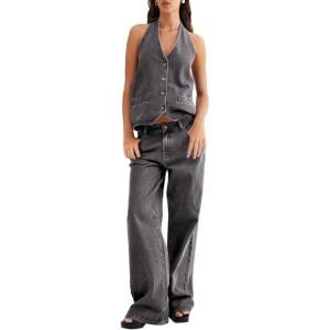 Fisoew Women’s Two Piece Denim Set Button Down Backless Tank Top and Wide Leg Jeans 2 Piece Outfit Suits(Grey)