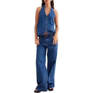 Fisoew Women’s Two Piece Denim Set Button Down Backless Tank Top and Wide Leg Jeans 2 Piece Outfit Suits(Navy Blue)