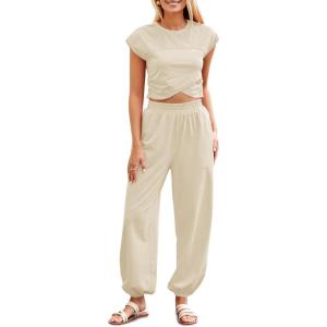 Fisoew Women’s Two Piece Outfits Casual Lounge Sets Crop Tops and Joggers Tracksuit with Pockets(Beige)