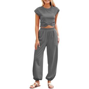 Fisoew Women’s Two Piece Outfits Casual Lounge Sets Crop Tops and Joggers Tracksuit with Pockets(Dark Grey)