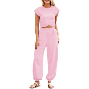 Fisoew Women’s Two Piece Outfits Casual Lounge Sets Crop Tops and Joggers Tracksuit with Pockets(Pink)