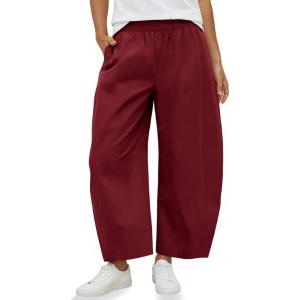 Fisoew Womens Wide Leg Barrel Pants Summer High Waisted Harem Pants Casual Cotton Baggy Trousers with Pockets(Brick Red)