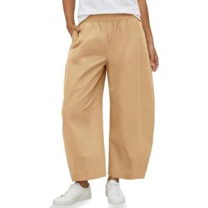 Fisoew Womens Wide Leg Barrel Pants Summer High Waisted Harem Pants Casual Cotton Baggy Trousers with Pockets(Khaki)