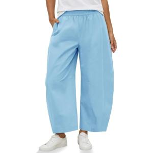 Fisoew Womens Wide Leg Barrel Pants Summer High Waisted Harem Pants Casual Cotton Baggy Trousers with Pockets(Sky Blue)