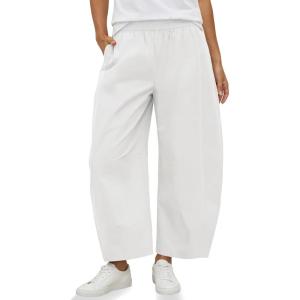 Fisoew Womens Wide Leg Barrel Pants Summer High Waisted Harem Pants Casual Cotton Baggy Trousers with Pockets(White)