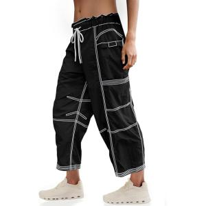 Fisoew Womens Wide Leg Cargo Pants Elastic Waist Water Resistant Contrast Stitch Loose Hiking Joggers with Pockets(Black)