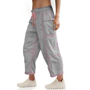 Fisoew Womens Wide Leg Cargo Pants Elastic Waist Water Resistant Contrast Stitch Loose Hiking Joggers with Pockets(Grey)