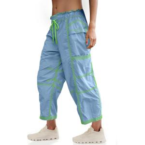 Fisoew Womens Wide Leg Cargo Pants Elastic Waist Water Resistant Contrast Stitch Loose Hiking Joggers with Pockets(Sky Blue)