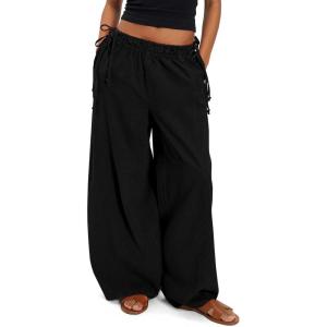 Fisoew Womens Wide Leg Casual Pants Summer Drawstring Elastic Waist Loose Cotton Pants with Pockets(Black)
