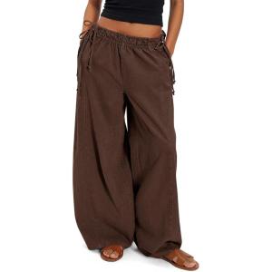 Fisoew Womens Wide Leg Casual Pants Summer Drawstring Elastic Waist Loose Cotton Pants with Pockets(Coffee)