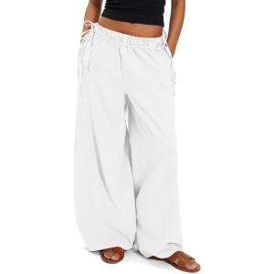 Fisoew Womens Wide Leg Casual Pants Summer Drawstring Elastic Waist Loose Cotton Pants with Pockets(White)