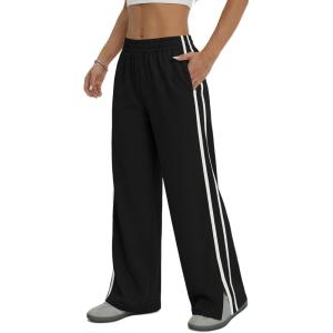 Fisoew Womens Wide Leg Pants Casual Baggy Elastic Waist Side Slit Contrast Stitch Loose Workout Sweat Pants with Pockets(Black)