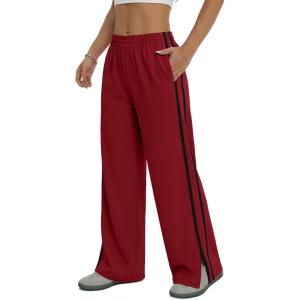 Fisoew Womens Wide Leg Pants Casual Baggy Elastic Waist Side Slit Contrast Stitch Loose Workout Sweat Pants with Pockets(Burgundy)